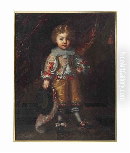 Portrait Of A Boy, Full-length, In An Embroidered Jacket With Ribbons, A Plumed Hat In His Right Hand, In An Interior Oil Painting by Tiberio (Valerio) di Tito