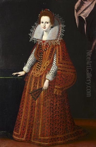 Portrait Of A Young Lady In An Embroidered Red Dress And A White Lace Collar, Standing Before A Purple Curtain Holding A Fan Oil Painting by Tiberio (Valerio) di Tito