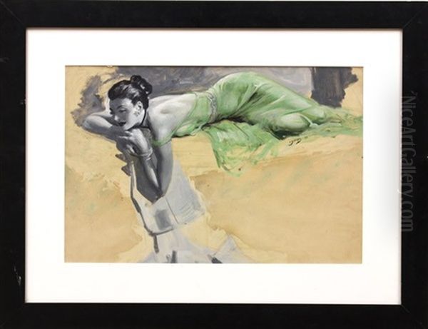 Woman In Green Negligee Reading A Newspaper Oil Painting by Aime Baxter Titus