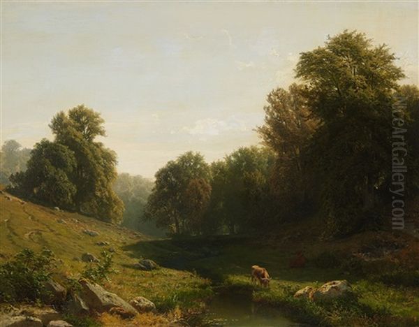 A Stream In A Wooded Landscape Oil Painting by Jacobus Nicolas (Baron) Tjarda van Starkenborg