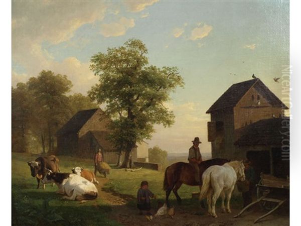 Bustling Farmyard Oil Painting by Jacobus Nicolas (Baron) Tjarda van Starkenborg