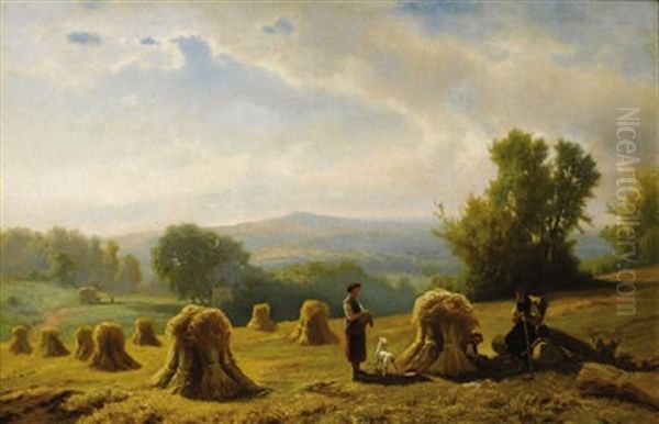 Harvesters In An Alpine Setting Oil Painting by Jacobus Nicolas (Baron) Tjarda van Starkenborg