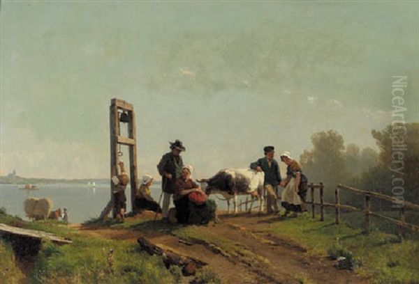 Peasants Waiting For A Ferry, Lower Rhine Oil Painting by Jacobus Nicolas (Baron) Tjarda van Starkenborg