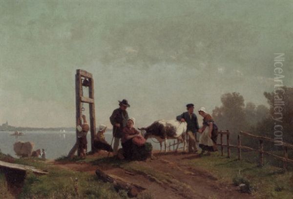 Peasants Waiting For A Ferry, Lower Rhine Oil Painting by Jacobus Nicolas (Baron) Tjarda van Starkenborg