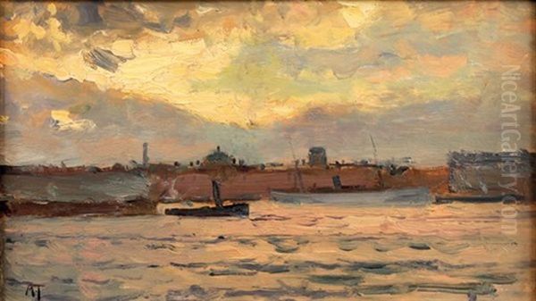 Coucher De Soleil Sur Le Port Oil Painting by Michail Stiepanovitch Tkatchenko