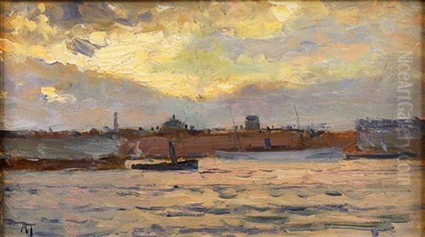 Coucher De Soleil Sur Le Port Oil Painting by Michail Stiepanovitch Tkatchenko