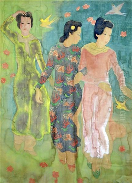 Trois Jeunes Femmes En Ao Dai Et Trois Oiseaux Oil Painting by  To Ngoc Van