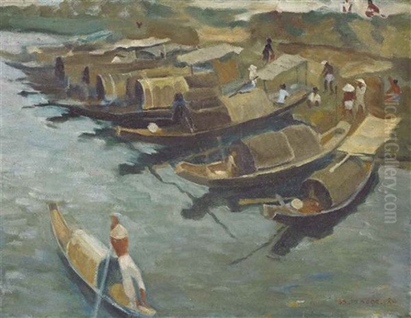 Boats On The Perfume River Oil Painting by  To Ngoc Van