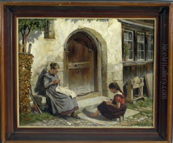 Die Vorleserin - Madchen Bei Der Naharbeit Lauscht Einem Anderen Madchen Beim Vorlesen Am Einem Sonnigen Tag Vor Dem Haus Oil Painting by Victor Tobler