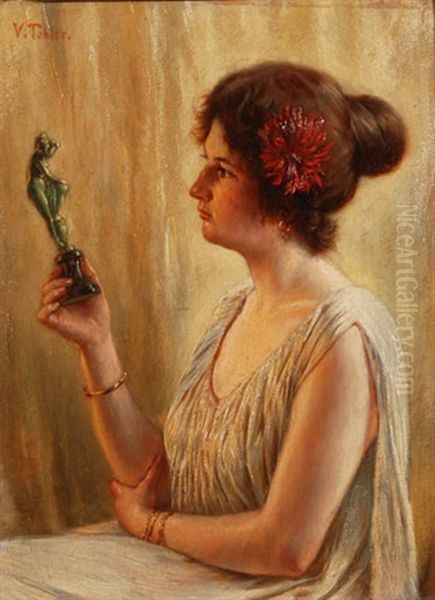 Junge Frau, Eine Bronzestatuette Betrachtend Oil Painting by Victor Tobler