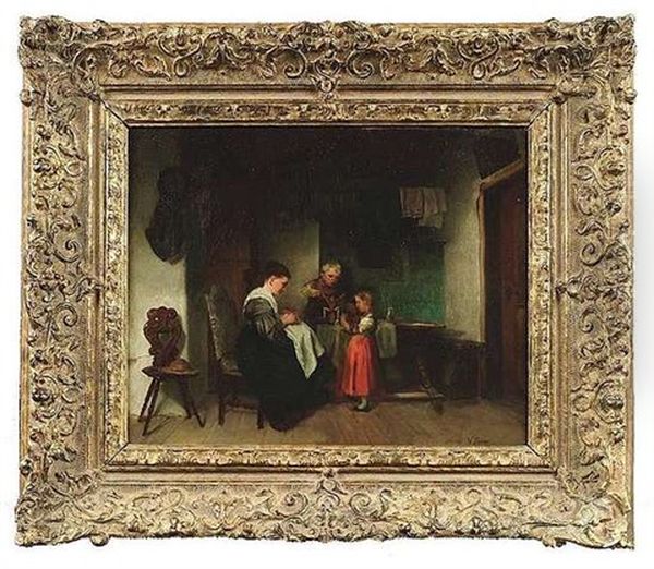 Bauerliches Stubeninterieur Mit Einer Mutter Und Ihren Kindern Oil Painting by Victor Tobler