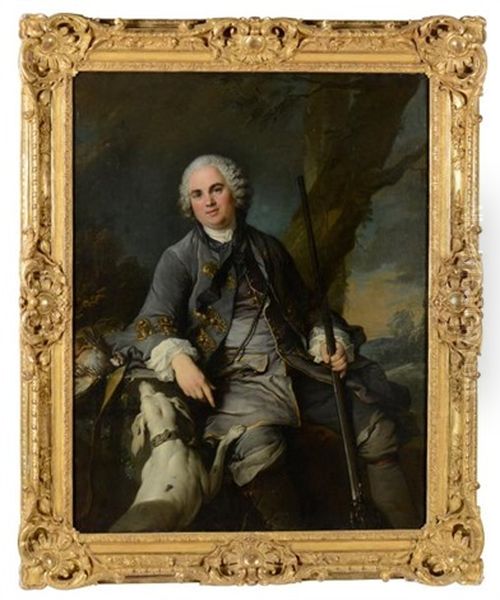 Portrait De Pierre Simon Mirey, Secretaire Du Roi, Conservateur Des Hypotheques, Peint En Chasseur Tenant Un Fusil Oil Painting by Louis Tocque