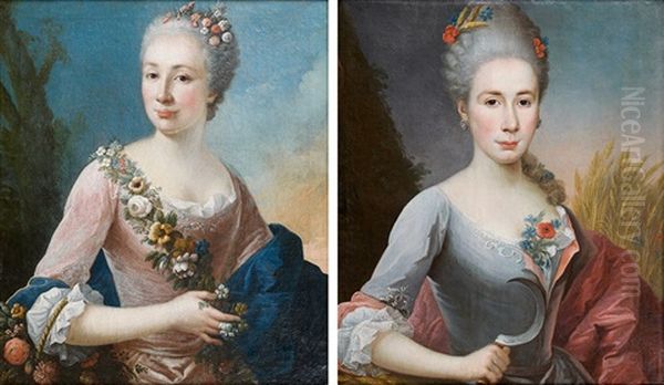 Portrait De Dame En Flore Portrait De Dame En Ceres (pair) Oil Painting by Louis Tocque