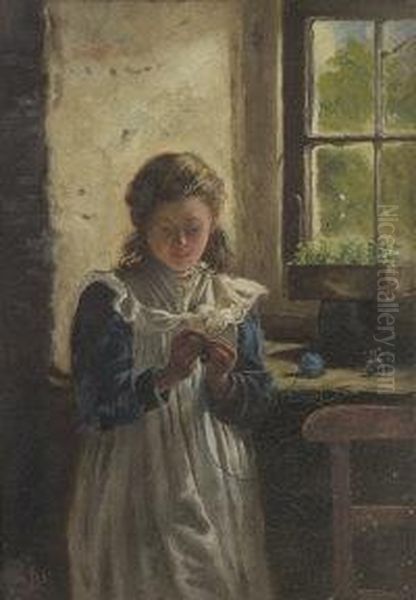 Knitting By A Cottage Window Oil Painting by James Brenan