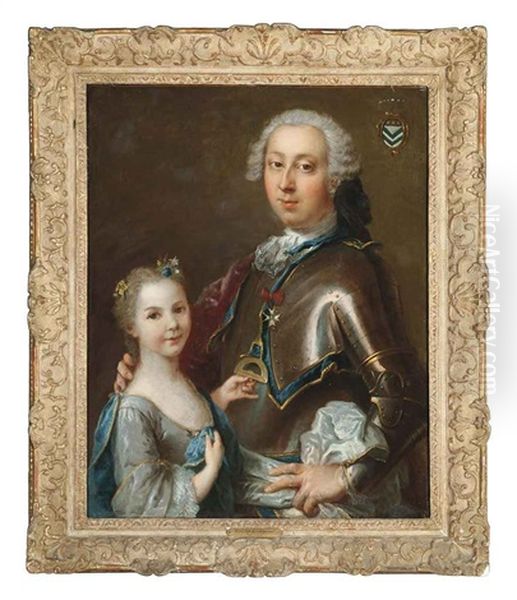 Double Portrait Of A Gentleman In Armor Wearing The Order Of Saint Nicholas The Wonderworker, And His Daughter In A Light Blue Dress Oil Painting by Louis Tocque