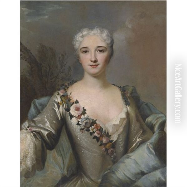 Portrait Of A Lady, Wearing A Silver Dress With A Floral Wreath Oil Painting by Louis Tocque