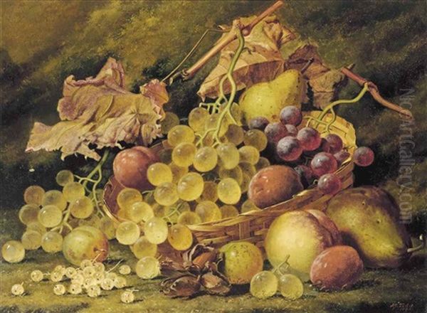 Grapes, Plums, White Currants And A Peach, With A Basket Oil Painting by Henry George Todd