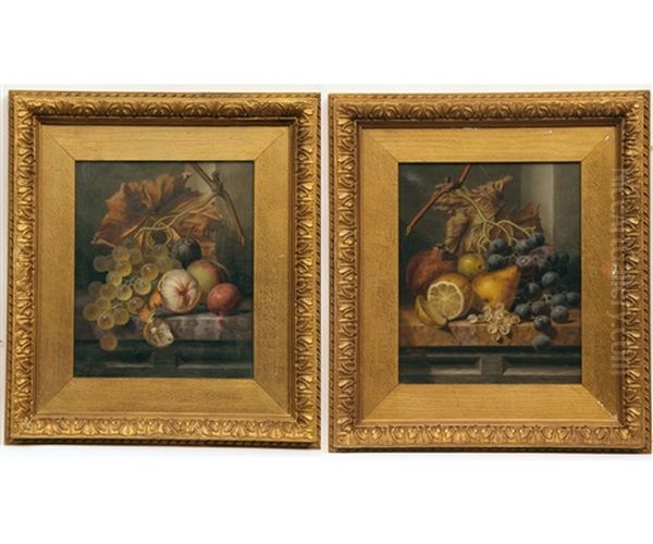 Still Life Studies Of Grapes, Lemon, Orange, Pears, White Currants Etc On Marble Slabs (a Pair) Oil Painting by Henry George Todd