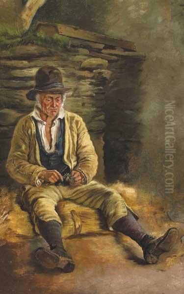 Study Of A Man Seated Outside A Cottage Oil Painting by James Brenan