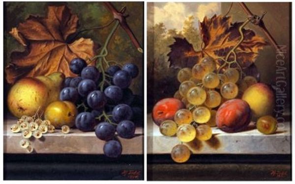 Still Life Studies Of Mixed Fruit On A Marble Ledge (pair) Oil Painting by Henry George Todd