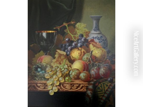 Still Life Of Fruits, A Bird's Nest And A Goblet Upon A Draped Table Oil Painting by Henry George Todd