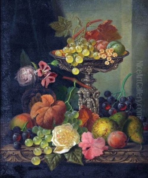 Still Life Of Mixed Fruit On A Wooden Ledge (study) Oil Painting by Henry George Todd