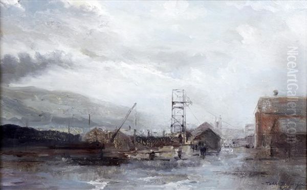 Dockyard Industrial Scene With Winding Gear Oil Painting by William Todd-Brown