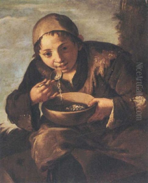 A Seated Young Boy Eating Soup Oil Painting by Giovanni Battista Todeschini