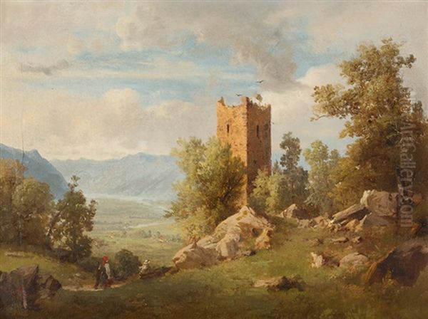 Landschaft Bei Meiringen Mit Blick Auf Die Burgruine Resti Oil Painting by Karl Friedrich Toeche