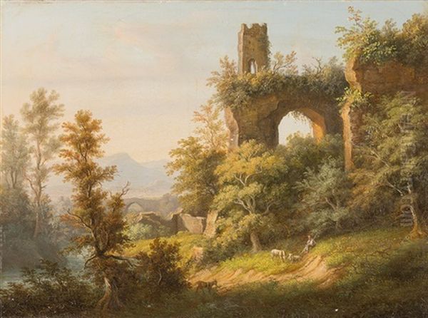 Landschaft Mit Hirte Und Tieren - Im Hintergrund Burgruine Oil Painting by Karl Friedrich Toeche