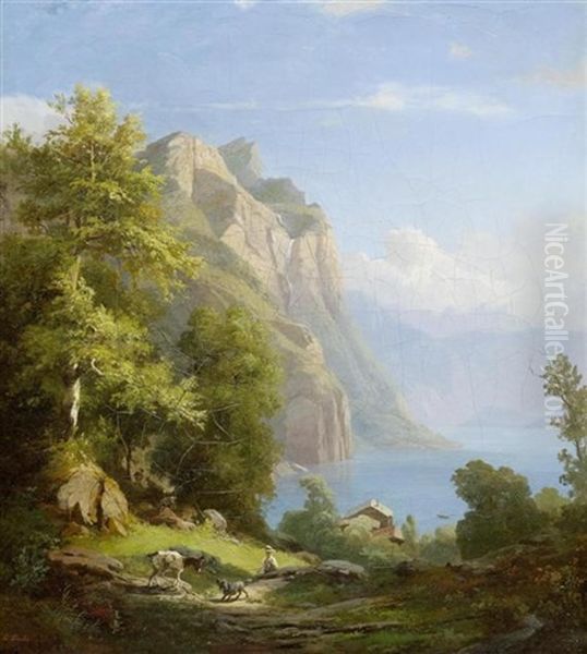 Gebirgslandschaft Mit See Und Hirte Oil Painting by Karl Friedrich Toeche