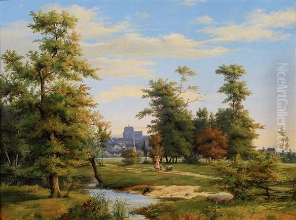 Wanderer In Einer Auenlandschaft Mit Burg Oil Painting by Karl Friedrich Toeche