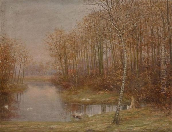 Les Canards Au Coucher Du Soleil Pres De La Lys Oil Painting by Albert Julien Toefaert