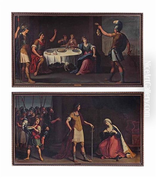 The Head Of Pompey Delivered To Caesar; And Octavius Augustus Caesar Showing Mercy To Cleopatra Oil Painting by Stefano Tofanelli