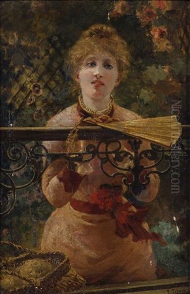 Portrait Of A Lady Holding A Fan By A Garden Fence Oil Painting by Edoardo Tofano