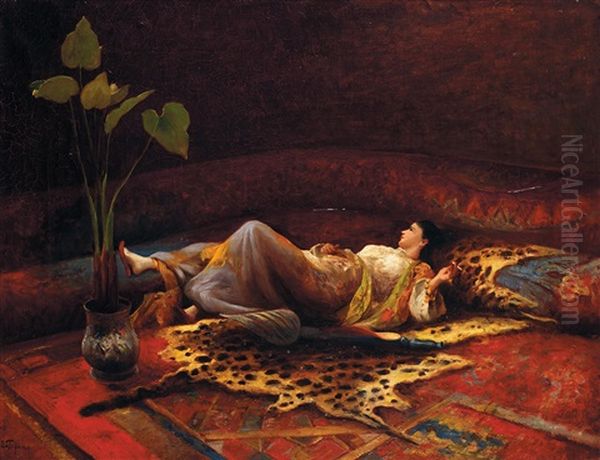 Odalisque Allongee Sur Une Peau De Panthere Oil Painting by Edoardo Tofano