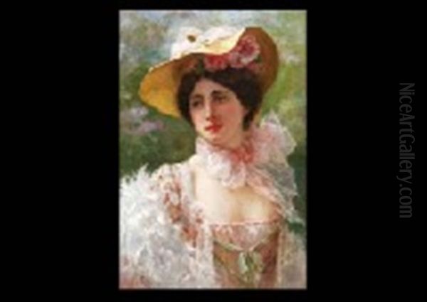 Girl With Flower Hat Oil Painting by Edoardo Tofano