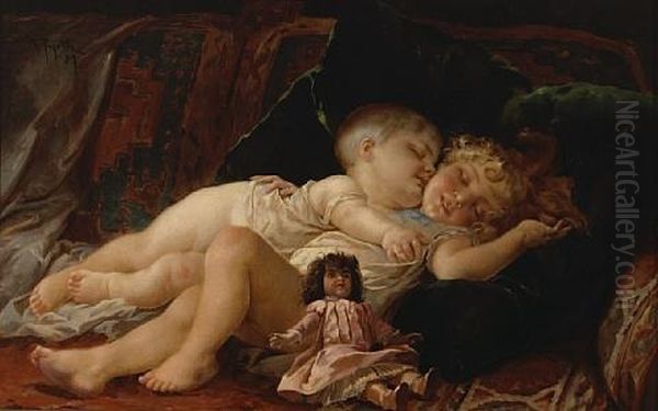 Sleeping Playmates Oil Painting by Virgilio Tojetti