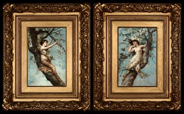 Figures Frolicking In Trees With Spring Blossoms (+ Another; 2 Works) Oil Painting by Virgilio Tojetti