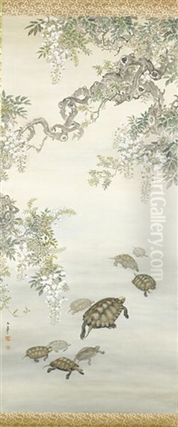 Untitled (nine Kusagame (chinese Pond Turtles) Swimming Beneath Large Overhanging Branches Of Flowering White Wisteria) Oil Painting by Oide Toko