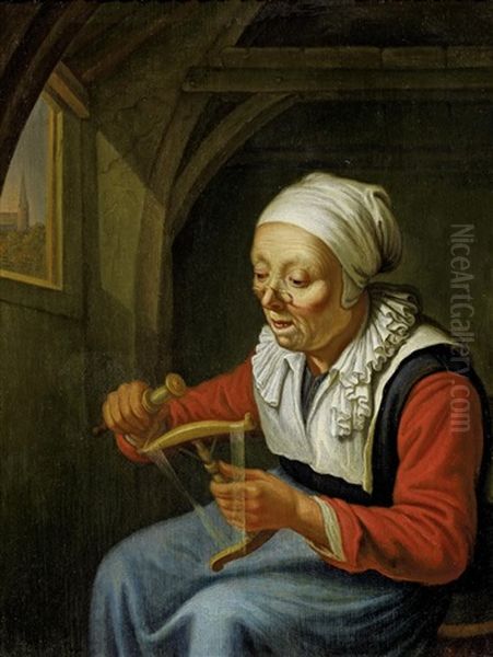 Frau Mit Spindel (+ Der Gelehrte; 2 Works) Oil Painting by Dominicus van Tol