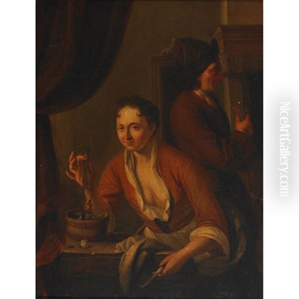 Lady Holding A Herring While A Visitor Savors The Toast Oil Painting by Dominicus van Tol