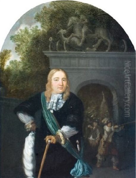 Portrait D'un Officier De La Garde De Leyde, Devant La Doelen Poort A Leyde Oil Painting by Dominicus van Tol