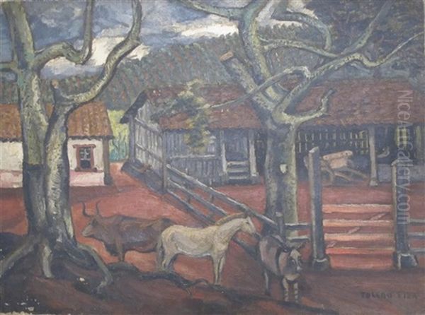 Animaux Dans La Cour D'une Ascienda Oil Painting by Domingo Toledo Piza