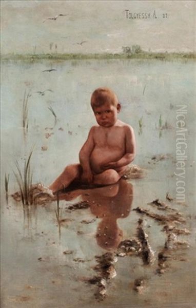 Young Child By The Sea Oil Painting by Arthur (Artur) Toelgyessy