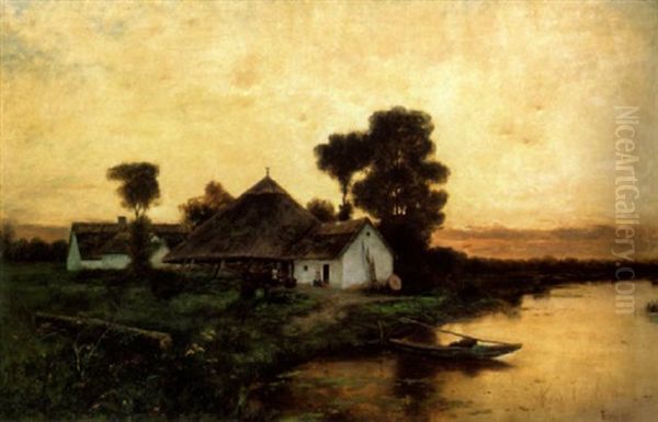 Malom A Folyoparton (mill On The Riverside) Oil Painting by Arthur (Artur) Toelgyessy