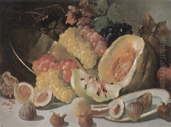 Obststilleben Mit Trauben, Melone, Feigen, Teller Und Messingschale Oil Painting by Arthur (Artur) Toelgyessy