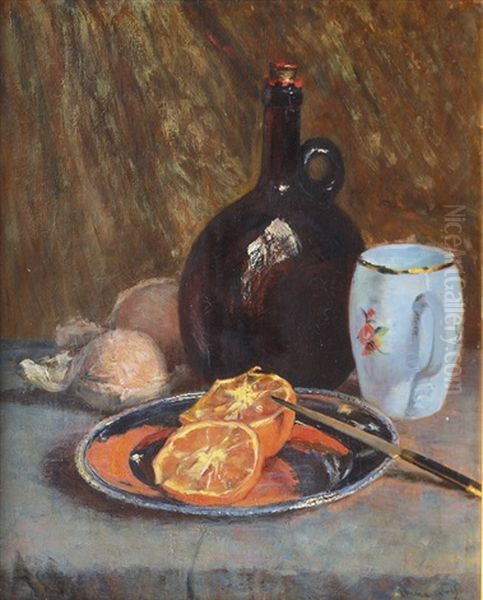 Still Life With Oranges And Wine Bottle Oil Painting by Emma (Helfrid Charlotta) Toll