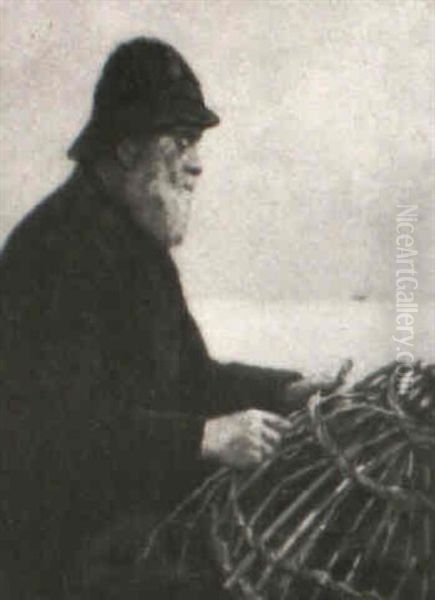 Fisherman Mending His Basketry Fish Trap by Stacy Tolman