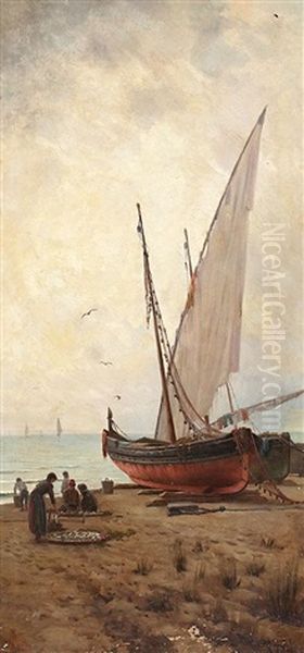 Barcas En La Playa Oil Painting by Aurelio Tolosa Alsina